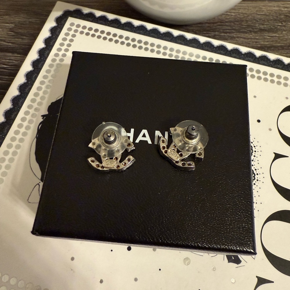 CHANEL Silver Crystal CC Stud Earrings - Picture 6 of 10